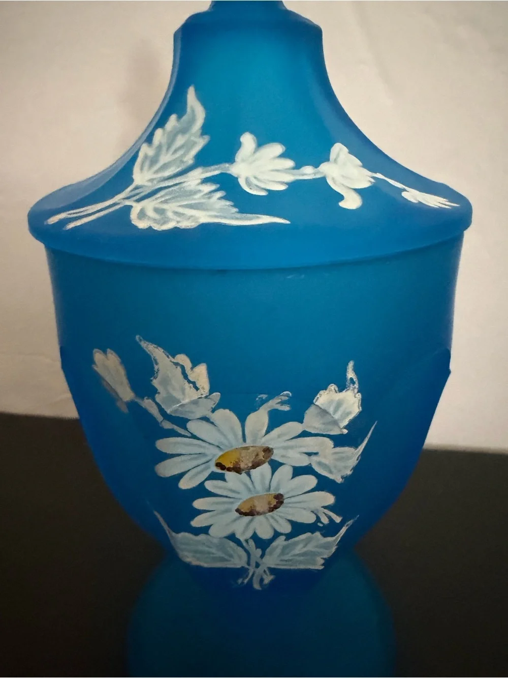 Blue Frosted Glass Apothecary Jar Lidded Hand-Painted White Daisies WESTMORELAND
